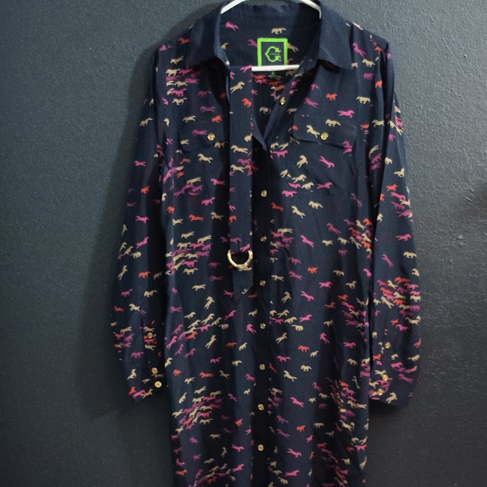HORSES motif Black Silk Shirt Dress with Colorful HAnd Matching Waist Belt
